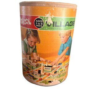 Vintage • 1970's Playskool: Village Wooden Blocks & Street Layout In Container